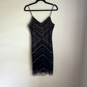 Badgley Mischka Size 10 Beaded V-neck Mesh Cocktail Formal Dress
